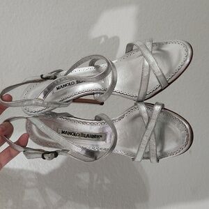 Manolo Blahnik Silver Scalloped Strappy Sandals